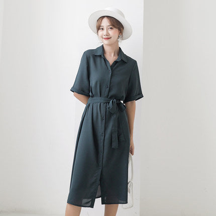 2019 summer new long chiffon shirt dress female popular waist slimming temperament A313