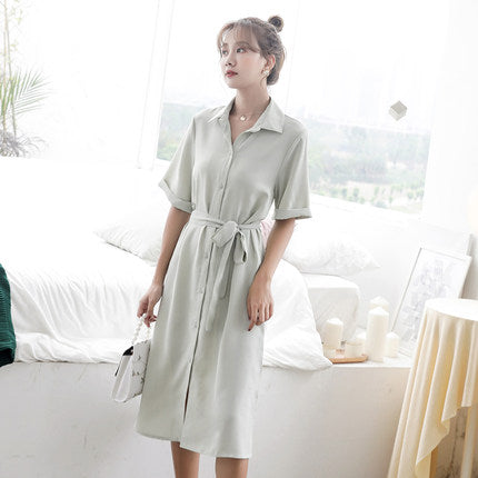 2019 summer new long chiffon shirt dress female popular waist slimming temperament A313