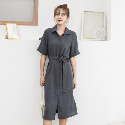 2019 summer new long chiffon shirt dress female popular waist slimming temperament A313
