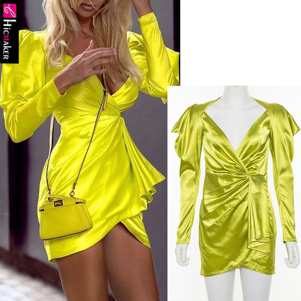 Women Stain Long Sleeve Slit Bodycon Square Neck Dress Sexy & Club Fluorescence Color Slim Party Dress
