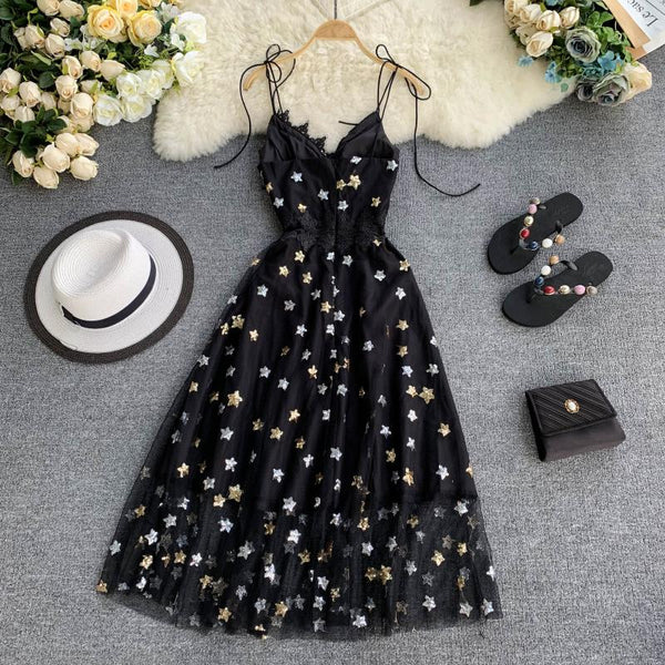Vintage Party Dress Mesh Lace Sequined A-line Sexy Dresses 2020 Summer V-neck Stars Vestidos Zipper Clothing