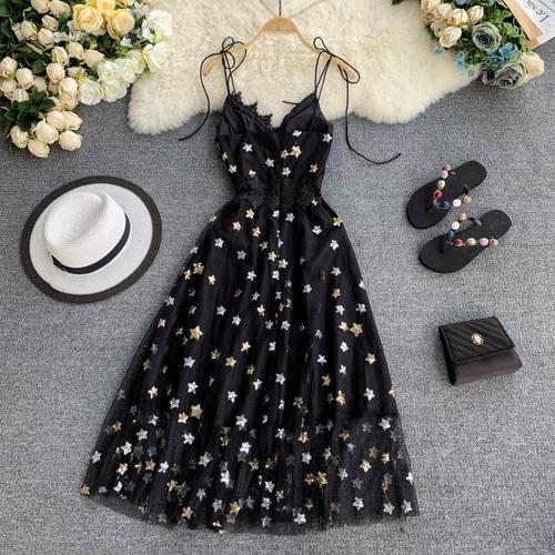 Vintage Party Dress Mesh Lace Sequined A-line Sexy Dresses 2020 Summer V-neck Stars Vestidos Zipper Clothing