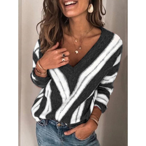 Women's blouse in autumn and winter 2020 European and American fashionable women's sweater popular V-neck stripe knitwear