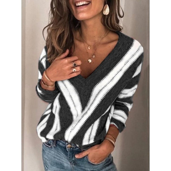 Women's blouse in autumn and winter 2020 European and American fashionable women's sweater popular V-neck stripe knitwear