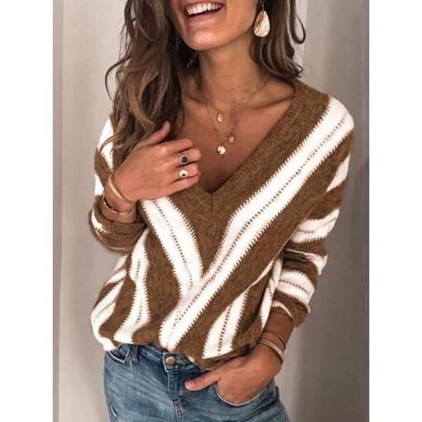Women's blouse in autumn and winter 2020 European and American fashionable women's sweater popular V-neck stripe knitwear