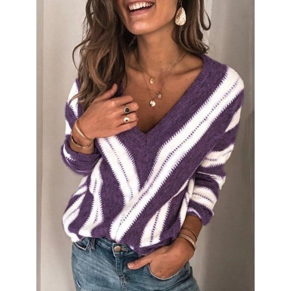 Women's blouse in autumn and winter 2020 European and American fashionable women's sweater popular V-neck stripe knitwear