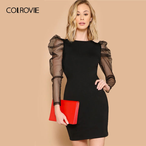 COLROVIE Black Mesh Gigot Long Sleeve Sheer Bodycon Elegant Dress Women 2019 Spring Slim Fit Mini Party Office Ladies Dresses