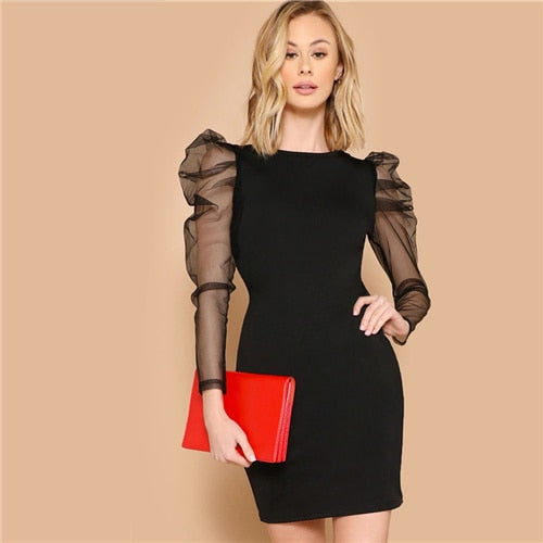 COLROVIE Black Mesh Gigot Long Sleeve Sheer Bodycon Elegant Dress Women 2019 Spring Slim Fit Mini Party Office Ladies Dresses