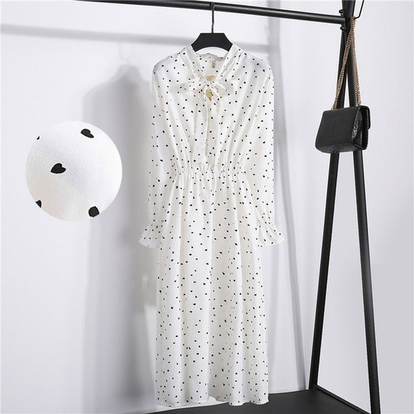 Women Print Chiffon Dress Casual Female Elastic Wasit Keen Length Dress Vintage Ruffles Long Sleeve Chic Button Ladies Dress