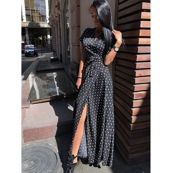 Women Vintage Sexy V neck Sashes Dot Printed Dress Short Sleeve A-line Party Long Dress 2019 Summer New Fashion Women Dress
