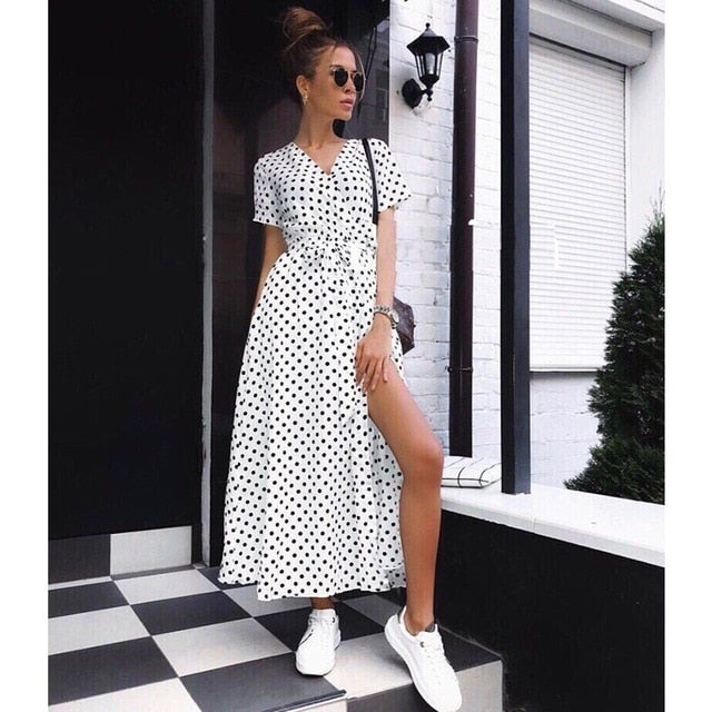 Women Vintage Sexy V neck Sashes Dot Printed Dress Short Sleeve A-line Party Long Dress 2019 Summer New Fashion Women Dress